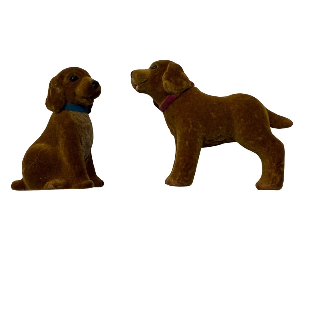 Vintage Flocked Dog Figurines Brown Puppy Miniature Toys Set of 2